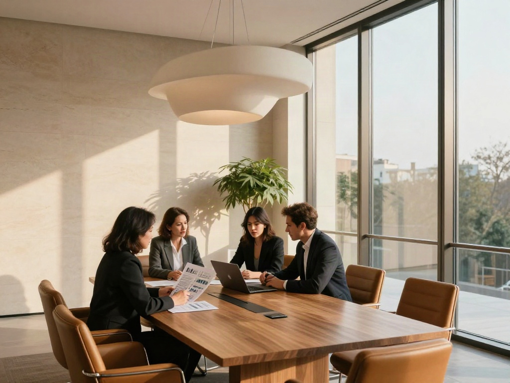 Consultants reviewing business strategy in a warm, sunlit contemporary boardroom