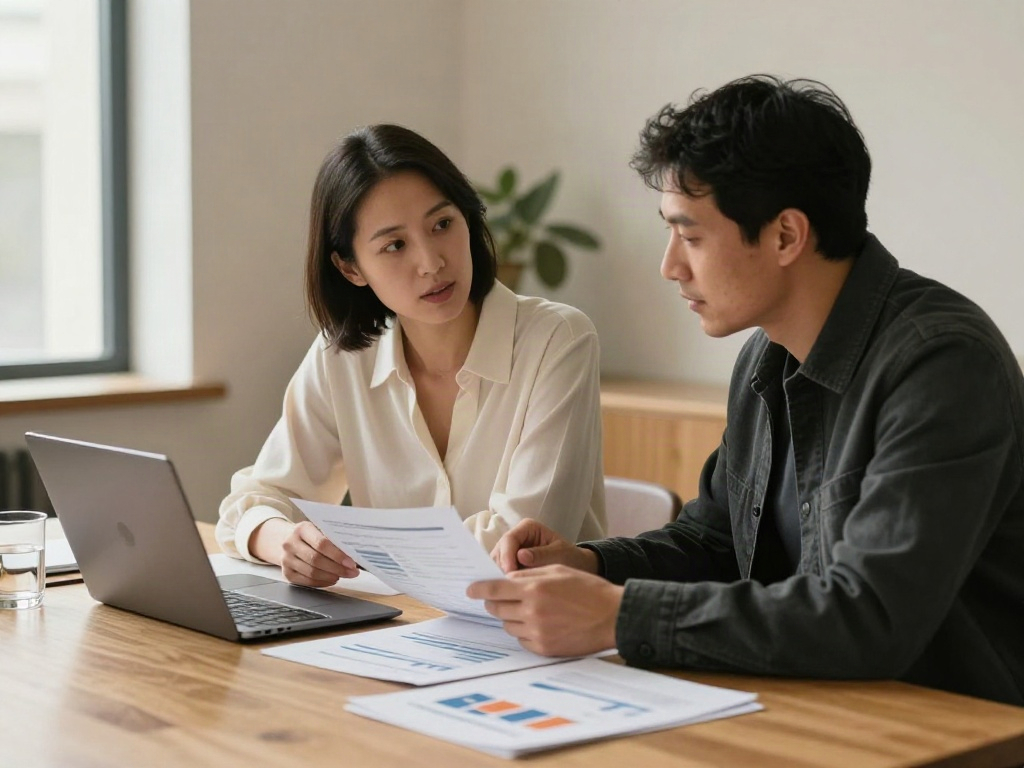 Business advisors collaborating on an analytical review with printed charts at an oak table